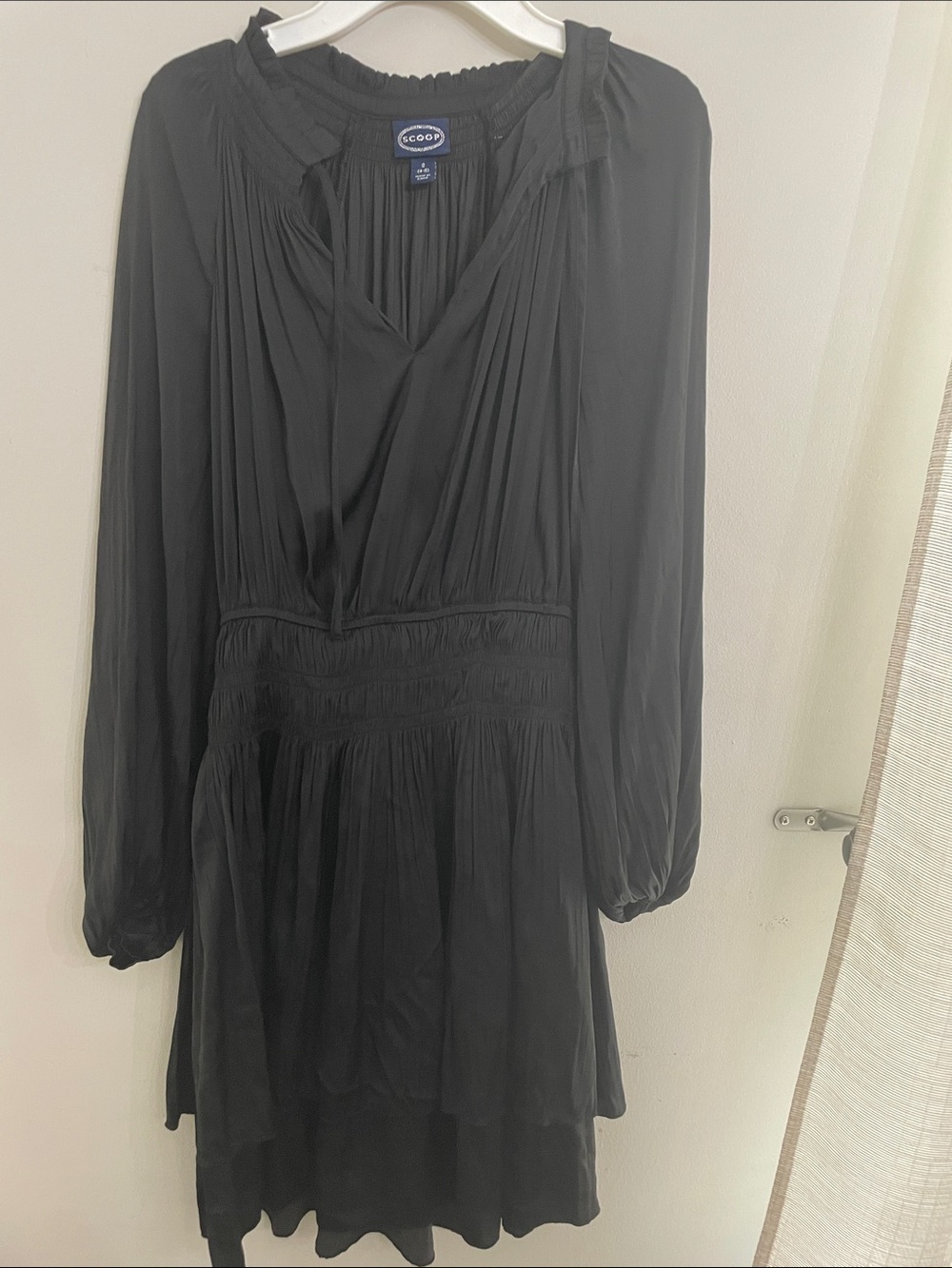 ECOOP Black Long-Sleeve V-Neck Smocked Waist Tiered Dress